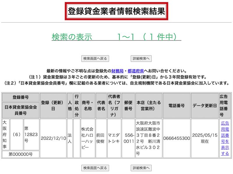 ハローハッピー登録貸金業者検索結果